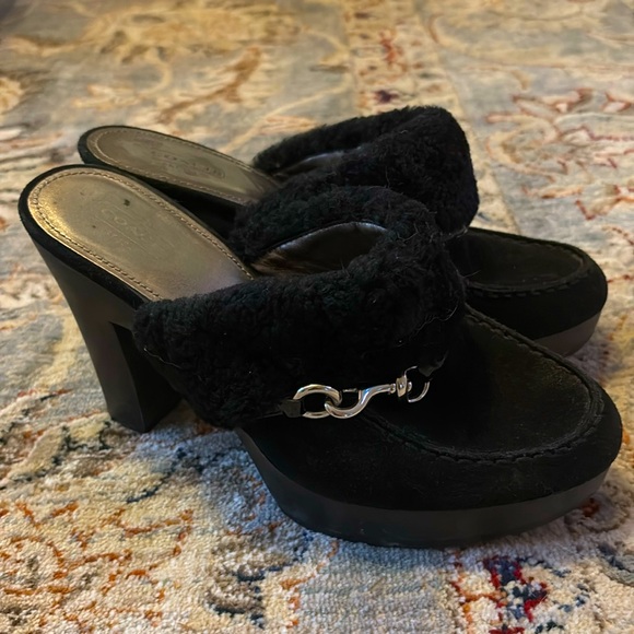 Coach Shoes - COACH IDYLE Shearling leather black clog heels rare $328 9 silver Designer